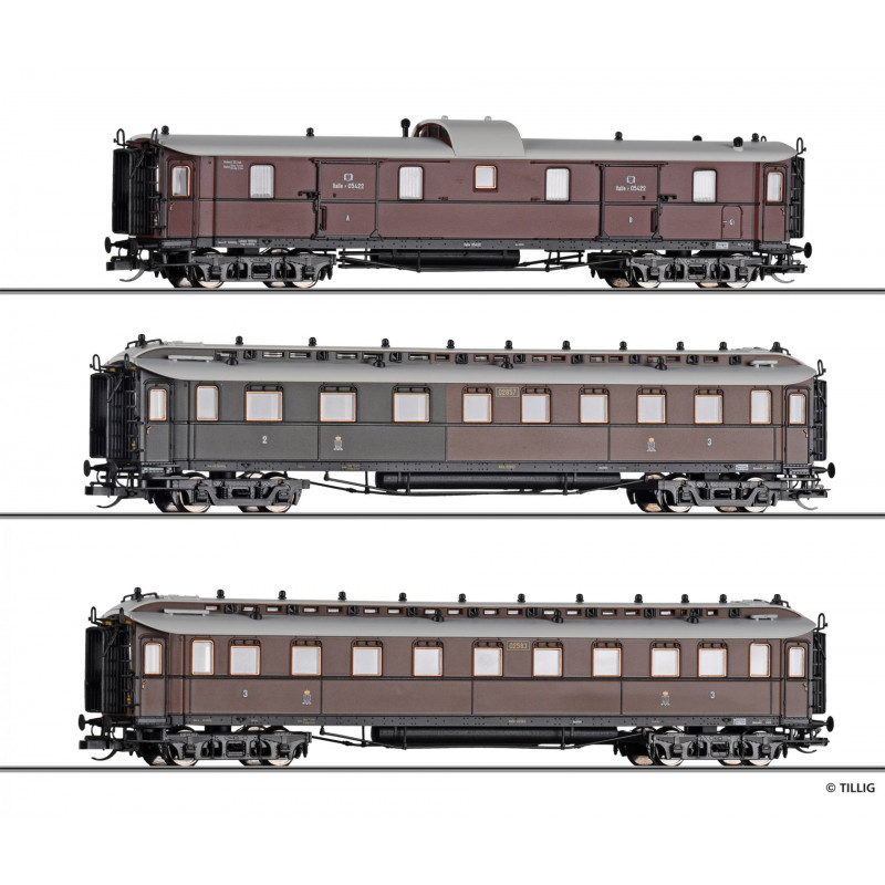 TILLIG  set 3 ks historických 4nápr. vozů „Preußischer Schnellzug“ K.P.E.V, 1.část, 1.ep. TT