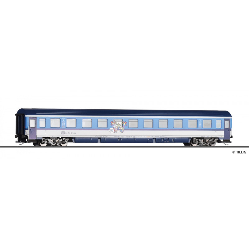 TILLIG  4-axle 2nd class passenger car Bmz with children's compartment 229 ČD, "Najmrd" paint scheme, 6th edition.  TT