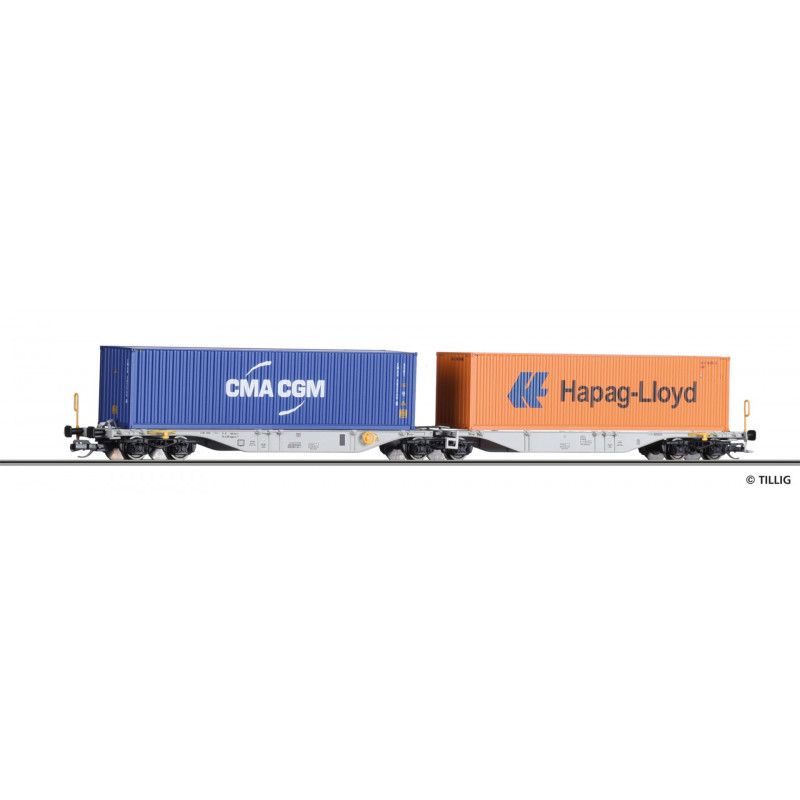 TILLIG 6-axle container wagon Sggmrss 578.0 OBB loaded with 2 x 40' containers, 6th edition.  TT