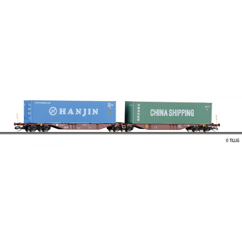 TILLIG 6-axle container wagon Sggmrss SNCB loaded with 2 x 40' containers, 6th edition.  TT
