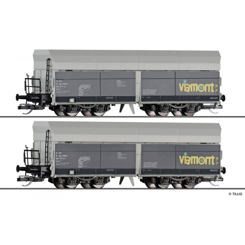 TILLIG set of 2 pcs. 4-axle self-unloading cars Falls (chassis type "Y") SK-ZXBSK Viamont, 6th edition. TT