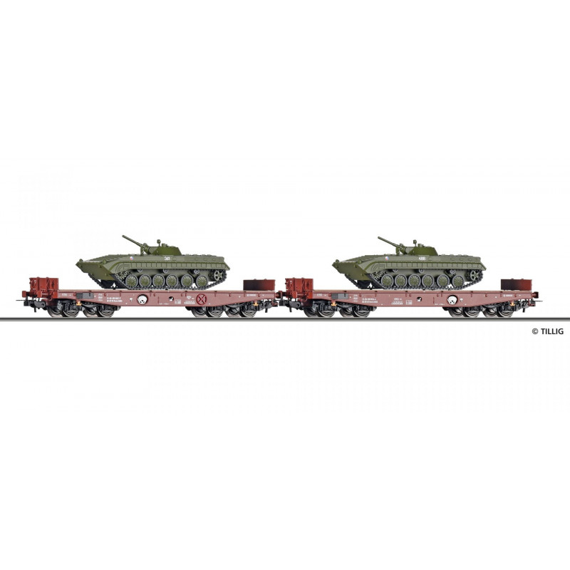 TILLIG set of 2 Rmms 3960 DR flatbed wagons loaded with 2 BMO-1 ČSA tanks, 4th edition.   H0