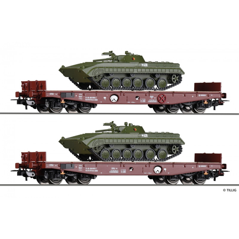 TILLIG  set of 2 Rmms 3960 DR flatbed wagons loaded with 2 BMP-1 "NVA" tanks, 4th edition. H0
