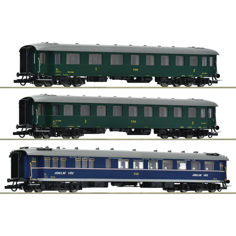 ROCO set of 3 pieces: 4-axle ABa (1st and 2nd class), Ba (2nd class) passenger cars and WR ČSD dining car, 3rd edition. H0
