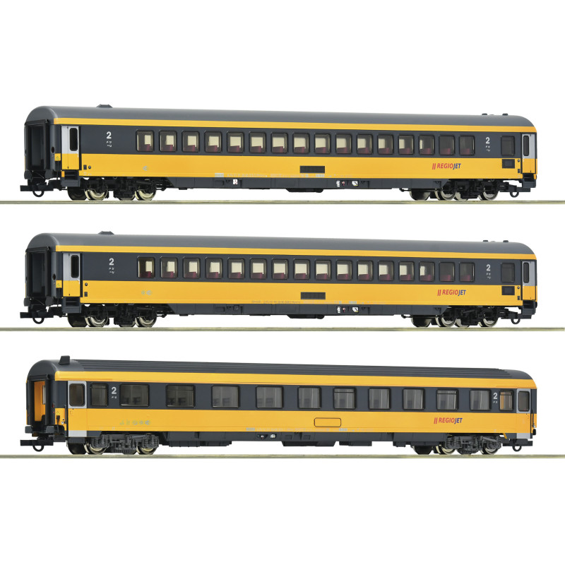 ROCO set of 3 EUROFIMA Regiojet 4-axle cars, 1x ABmz + 2x Bmpvz/Bpmwz (ex DB Apmz), 6th edition. H0