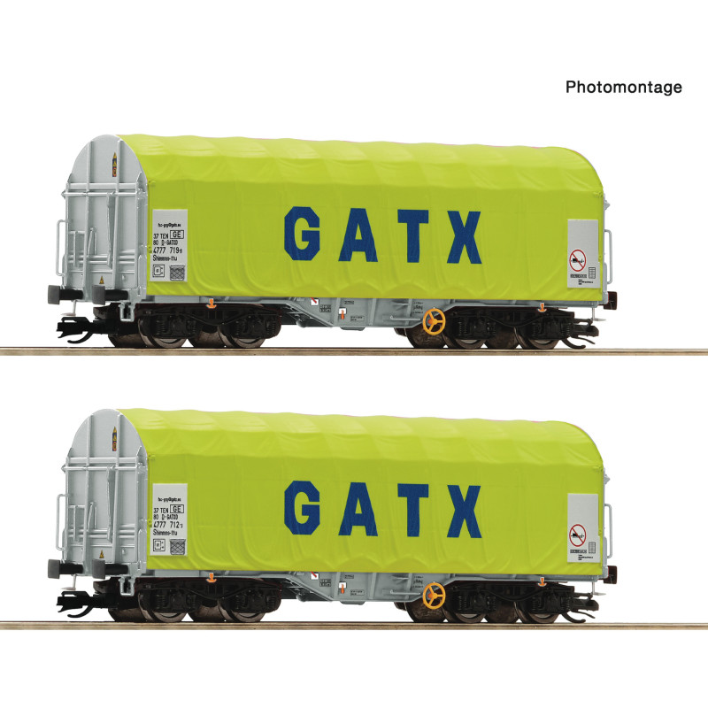 ROCO set of 2 covered wagons with sliding tarpaulin Shimmns GATX, 6th edition. TT