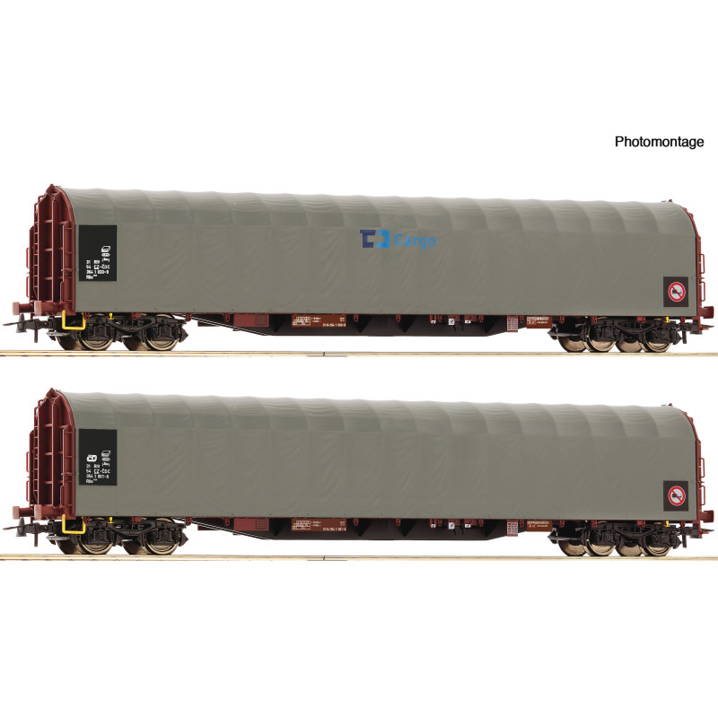 ROCO set of 2 pcs 4-axle covered flat cars with tarpaulin Rils-y ČD Cargo, 6th edition, H0