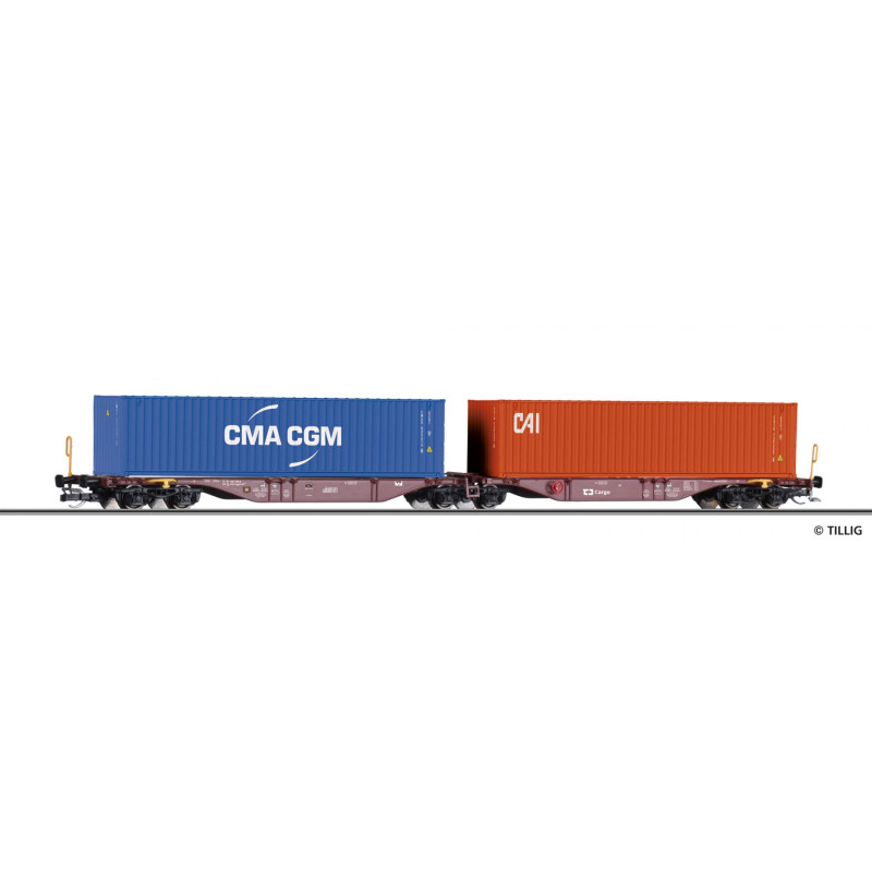 TILLIG 6-axle container wagon Sggmrss 578.0 ČD Cargo loaded with 2 x 40' containers, 6th edition.  TT