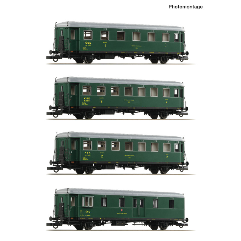 Roco set  4 ks  2.nápr. vozů , typ "Rybák" ČSD, 2x Be + 1x Ae + 1x Dsd, Bratislavská dr., 3.ep. H0